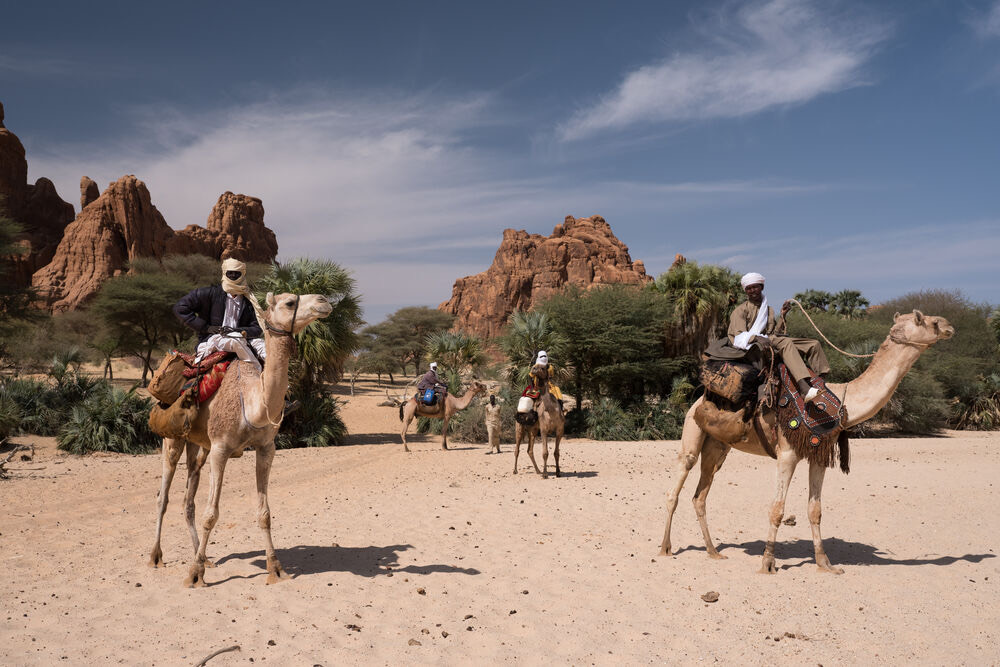 Nomads on camels in the Ennedi Massif, Chad
