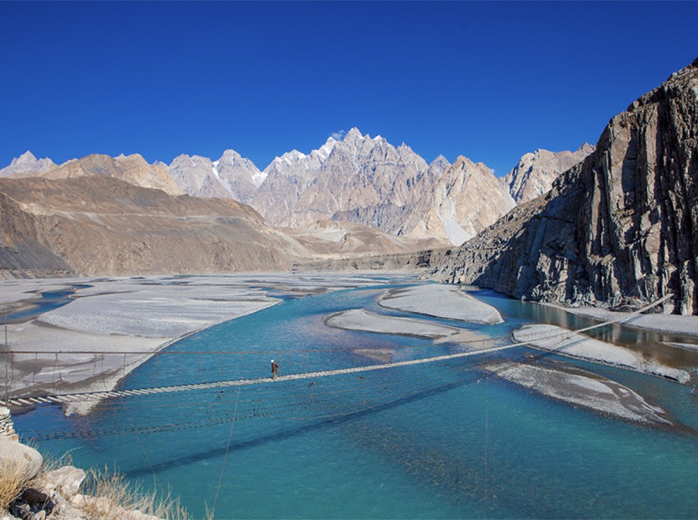 A footbridge across a braided glacial river